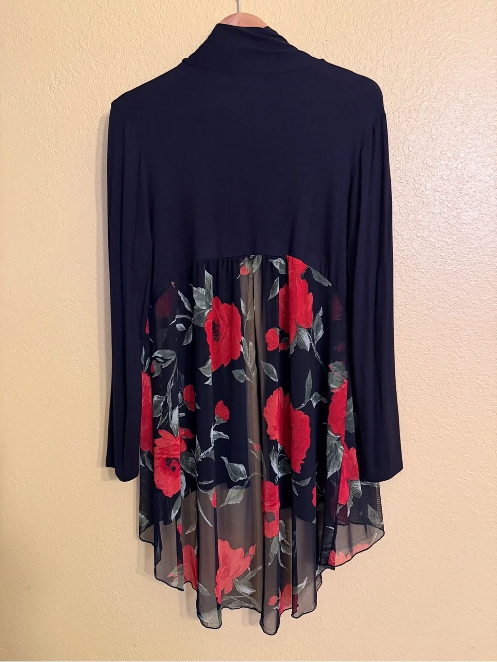 Kim & Cami Black Open-Front Cardigan with Red Floral Sheer Hem